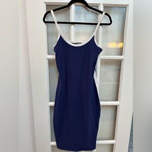 Y2K Express Navy White Stripe Fitted Bodycon Dress Size Medium M Stretchy